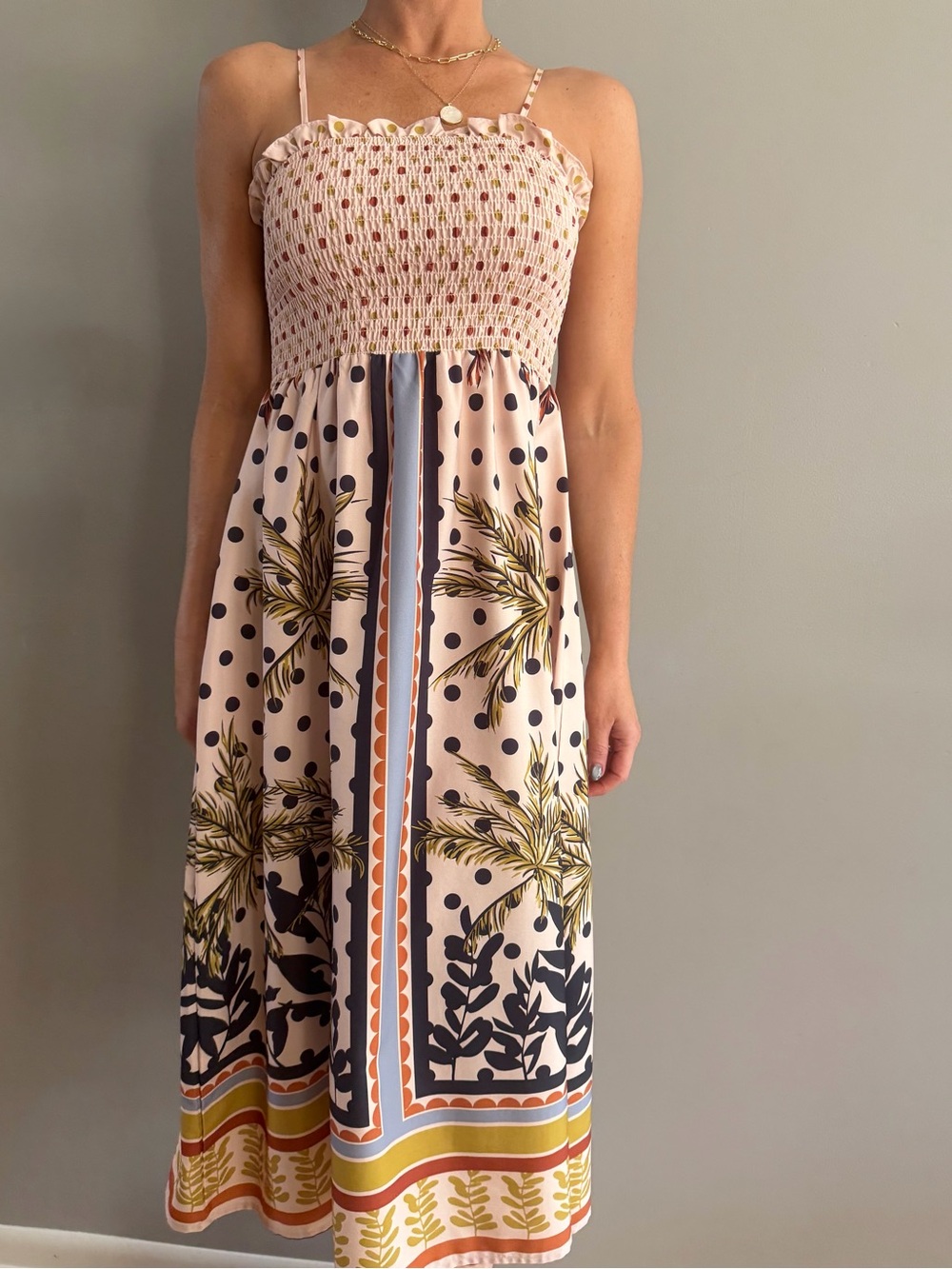 Spaghetti-Strap Midi Dress in Blush Palm Print